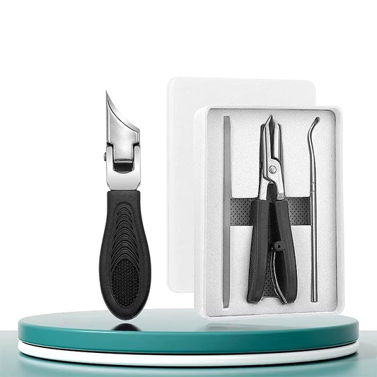 Black long-handle slant-edge clipper beside a white box holding a pliers-style clipper, nail file and curved pick tool