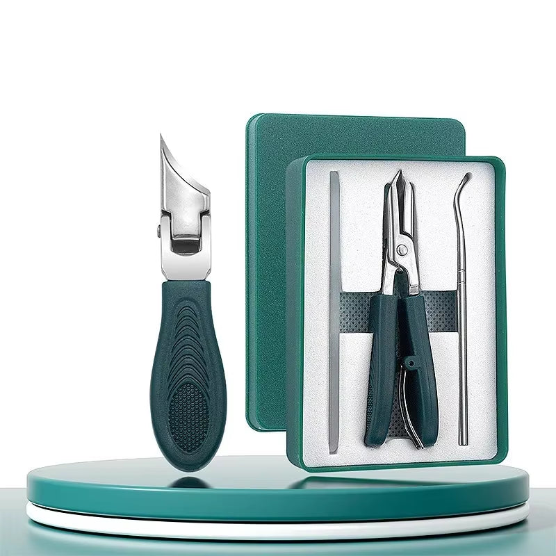 Green long-handle slant-edge clipper beside a green box holding a pliers-style clipper, nail file and curved pick tool