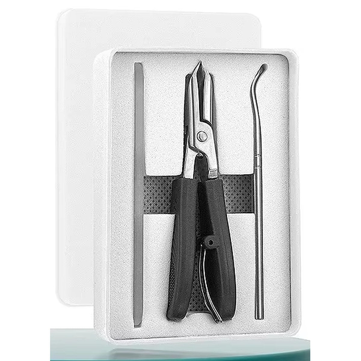Black set: white storage box holding a pliers-style clipper, nail file and curved pick tool