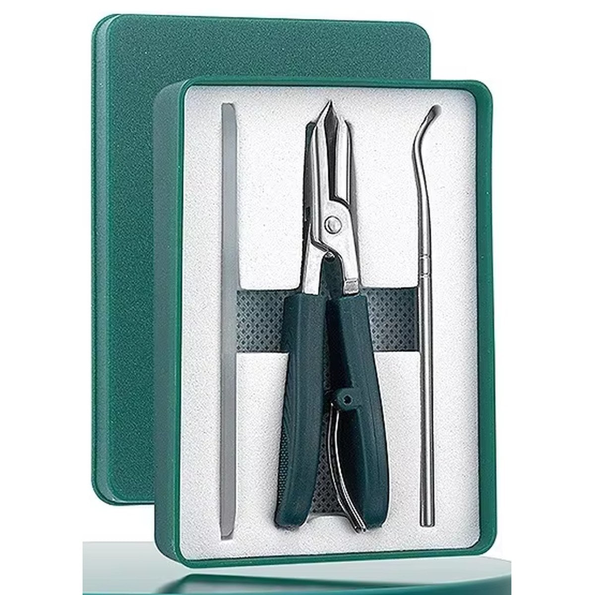 Green set: green storage box holding a pliers-style clipper, nail file and curved pick tool