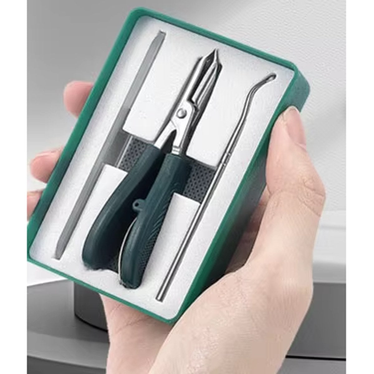 Green set held in one hand: green storage box with a pliers-style clipper, nail file and curved pick tool inside